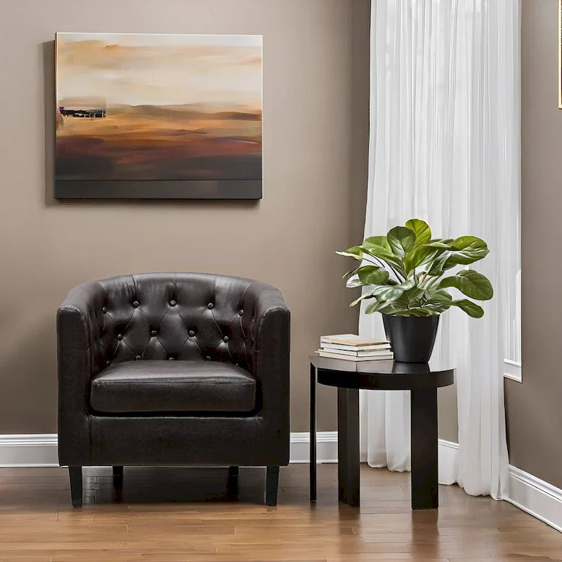 Button Tufted Faux Leather Barrel Chair, Comfy Accent Armchair