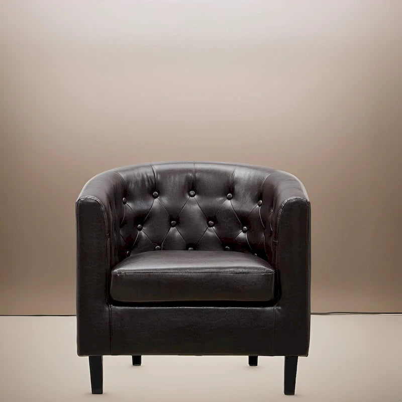 Button Tufted Faux Leather Barrel Chair, Comfy Accent Armchair