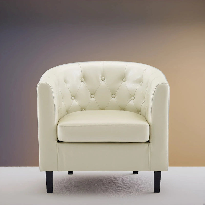 Button Tufted Faux Leather Barrel Chair, Comfy Accent Armchair
