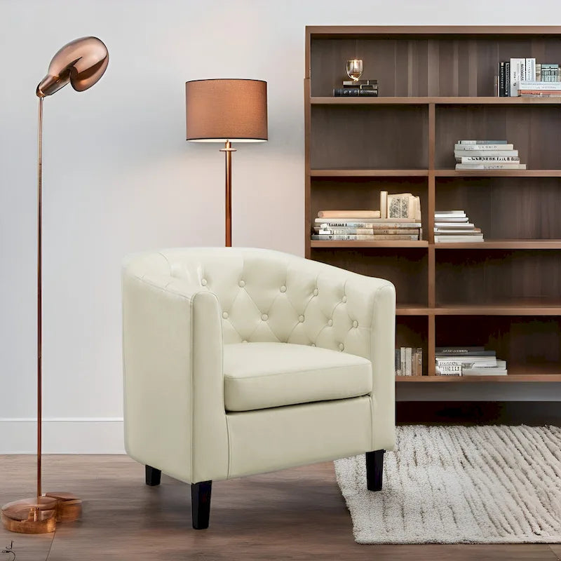 Button Tufted Faux Leather Barrel Chair, Comfy Accent Armchair