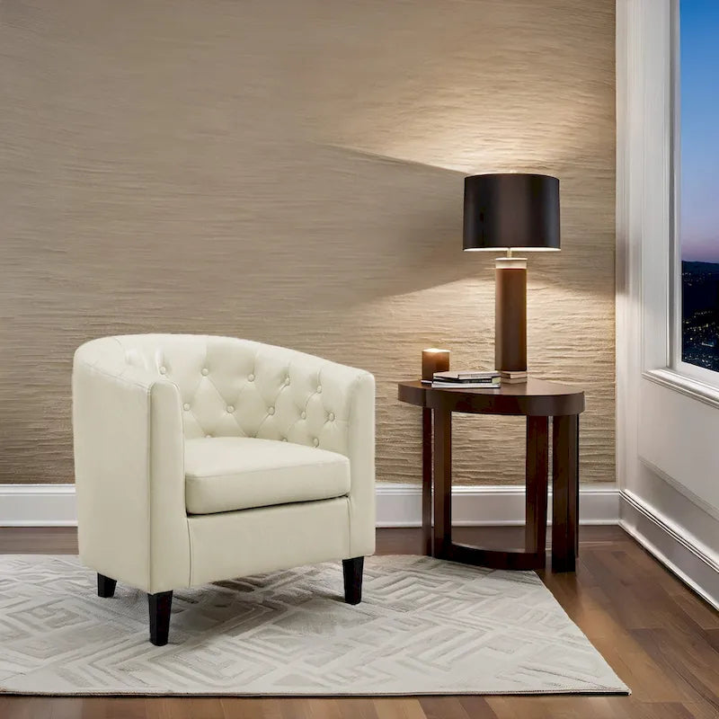 Button Tufted Faux Leather Barrel Chair, Comfy Accent Armchair