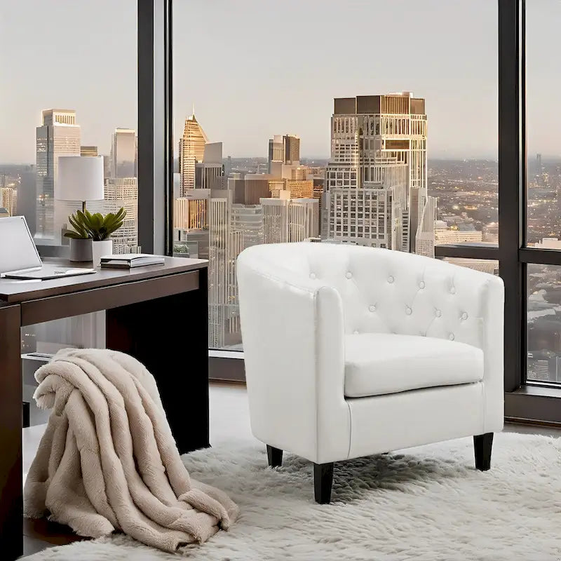 Button Tufted Faux Leather Barrel Chair, Comfy Accent Armchair