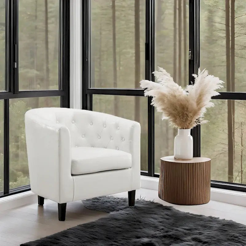 Button Tufted Faux Leather Barrel Chair, Comfy Accent Armchair