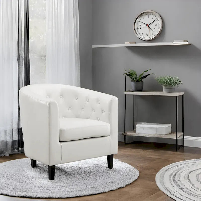 Button Tufted Faux Leather Barrel Chair, Comfy Accent Armchair