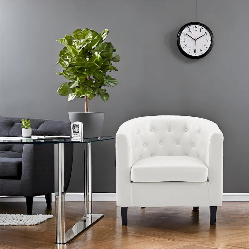 Button Tufted Faux Leather Barrel Chair, Comfy Accent Armchair