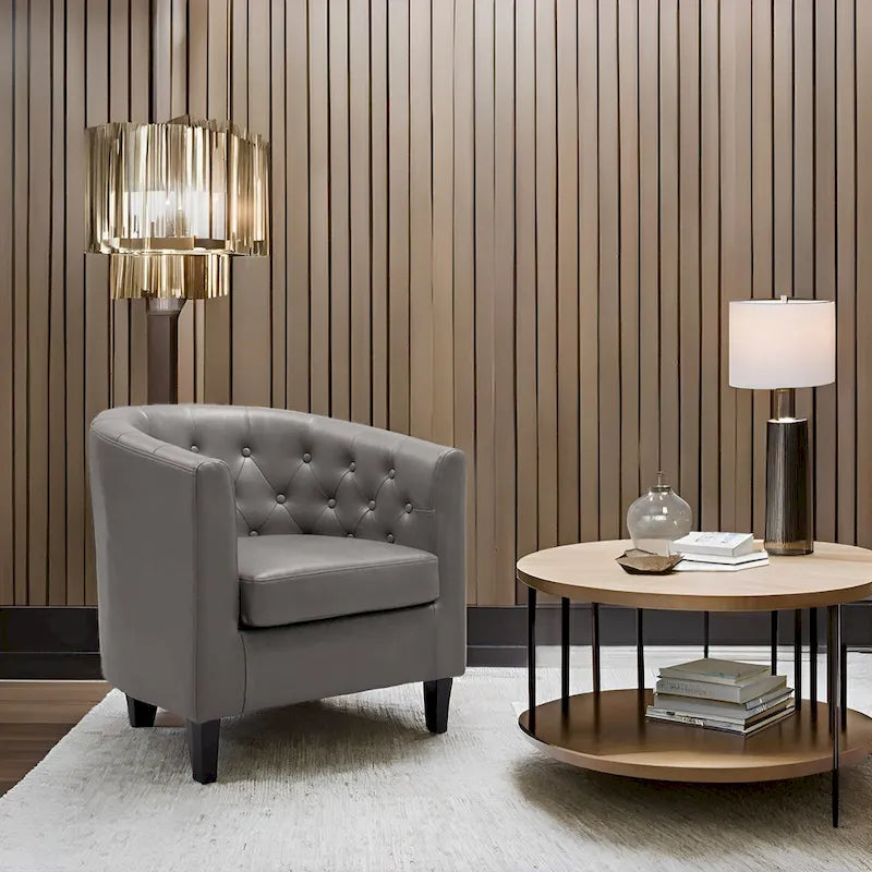 Button Tufted Faux Leather Barrel Chair, Comfy Accent Armchair