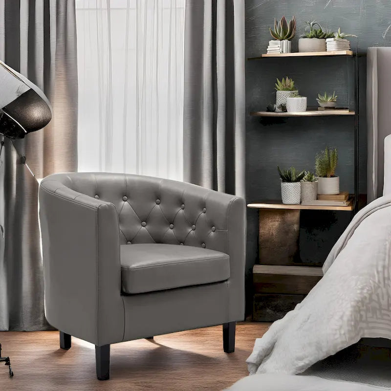 Button Tufted Faux Leather Barrel Chair, Comfy Accent Armchair