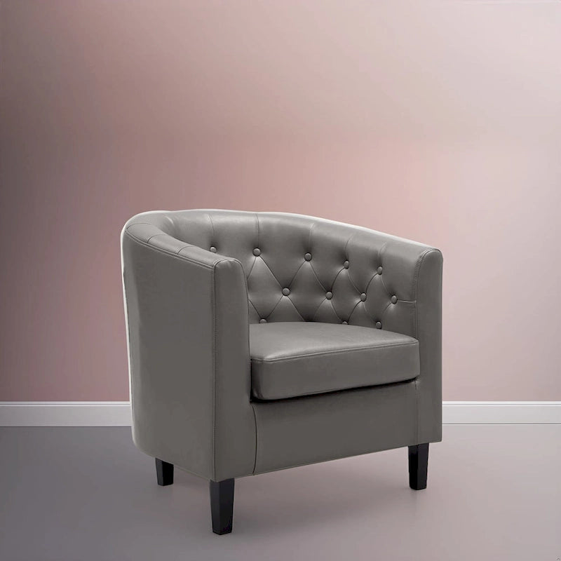 Button Tufted Faux Leather Barrel Chair, Comfy Accent Armchair
