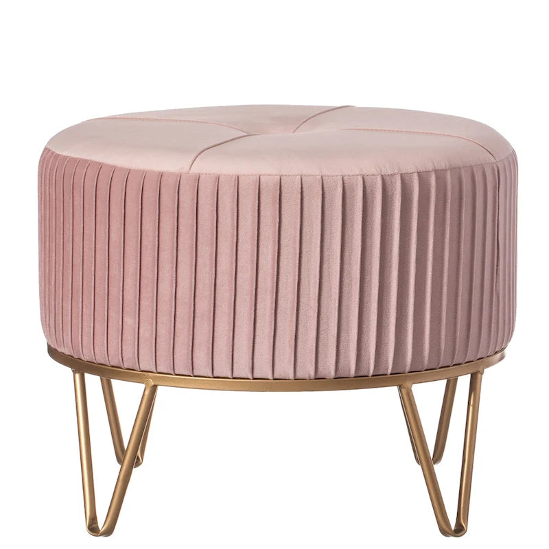 Round Velvet Ottoman with Gold Metal Base
