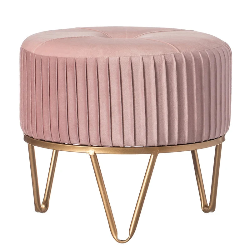 Round Velvet Ottoman with Gold Metal Base