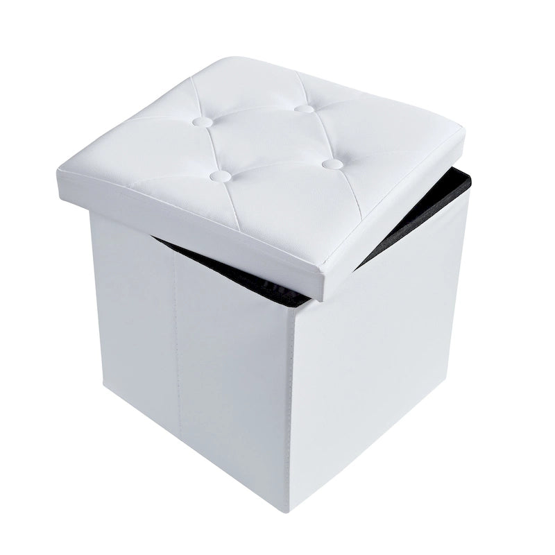 Folding Storage Ottoman with Leather Tufted Lid – Foot Stool for Living Room, Bedroom & Dorm