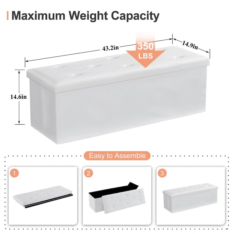 Folding Storage Ottoman with Leather Tufted Lid – Foot Stool for Living Room, Bedroom & Dorm