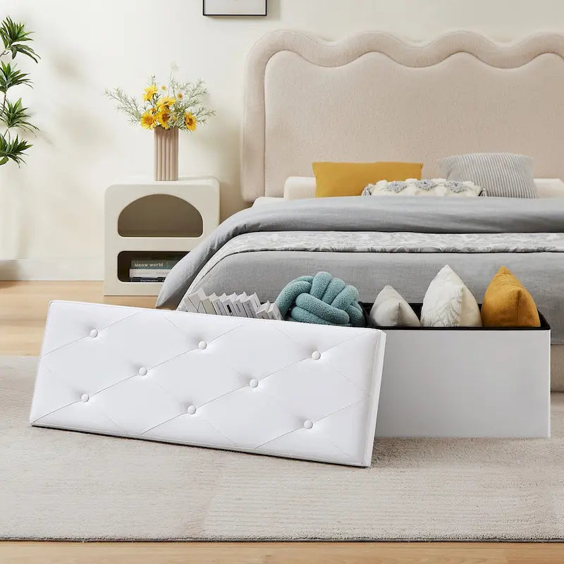 Folding Storage Ottoman with Leather Tufted Lid – Foot Stool for Living Room, Bedroom & Dorm