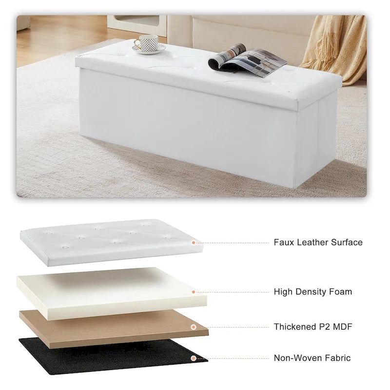 Folding Storage Ottoman with Leather Tufted Lid – Foot Stool for Living Room, Bedroom & Dorm