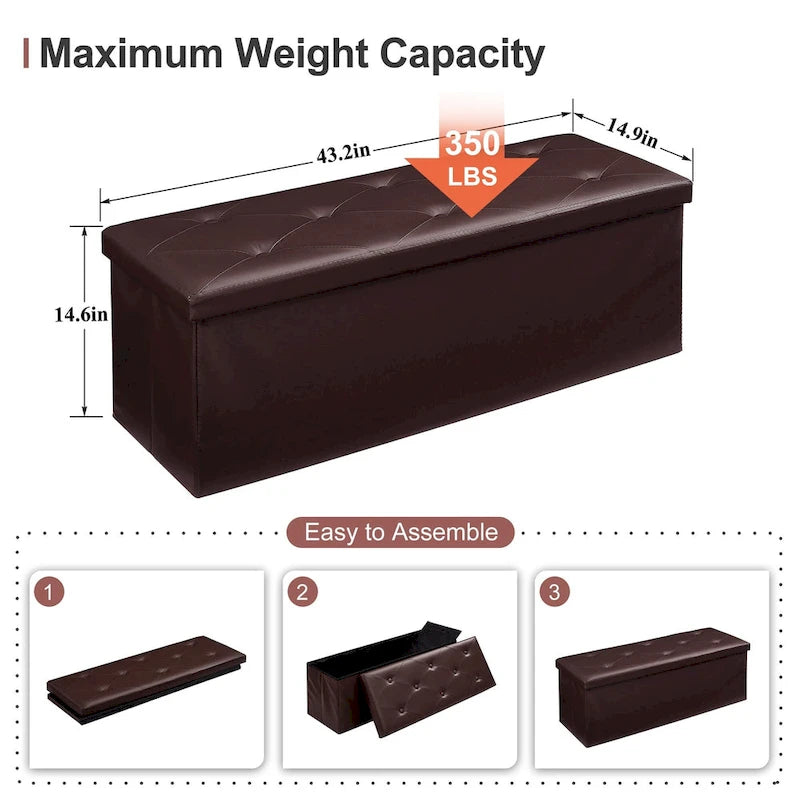 Folding Storage Ottoman with Leather Tufted Lid – Foot Stool for Living Room, Bedroom & Dorm