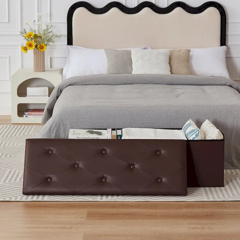 Folding Storage Ottoman with Leather Tufted Lid – Foot Stool for Living Room, Bedroom & Dorm