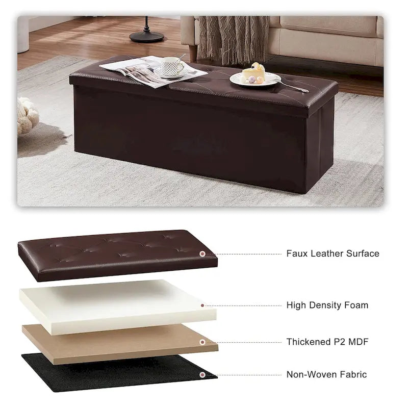 Folding Storage Ottoman with Leather Tufted Lid – Foot Stool for Living Room, Bedroom & Dorm