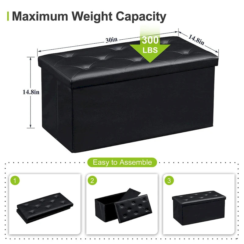 Folding Storage Ottoman with Leather Tufted Lid – Foot Stool for Living Room, Bedroom & Dorm