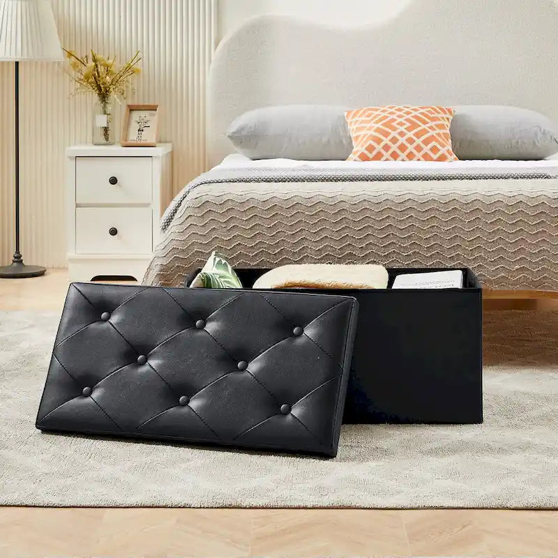 Folding Storage Ottoman with Leather Tufted Lid – Foot Stool for Living Room, Bedroom & Dorm