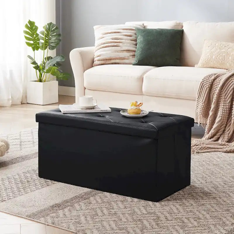 Folding Storage Ottoman with Leather Tufted Lid – Foot Stool for Living Room, Bedroom & Dorm