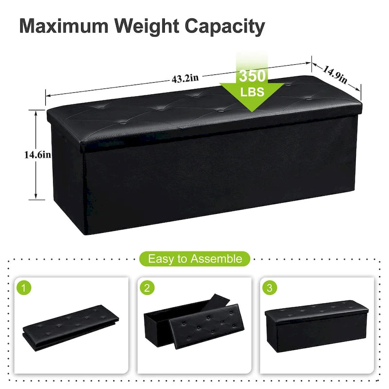 Folding Storage Ottoman with Leather Tufted Lid – Foot Stool for Living Room, Bedroom & Dorm