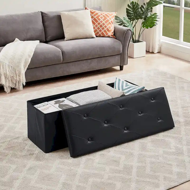 Folding Storage Ottoman with Leather Tufted Lid – Foot Stool for Living Room, Bedroom & Dorm