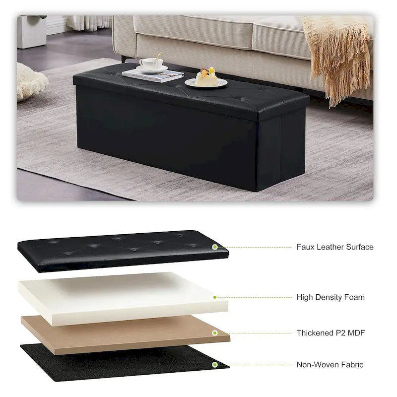 Folding Storage Ottoman with Leather Tufted Lid – Foot Stool for Living Room, Bedroom & Dorm