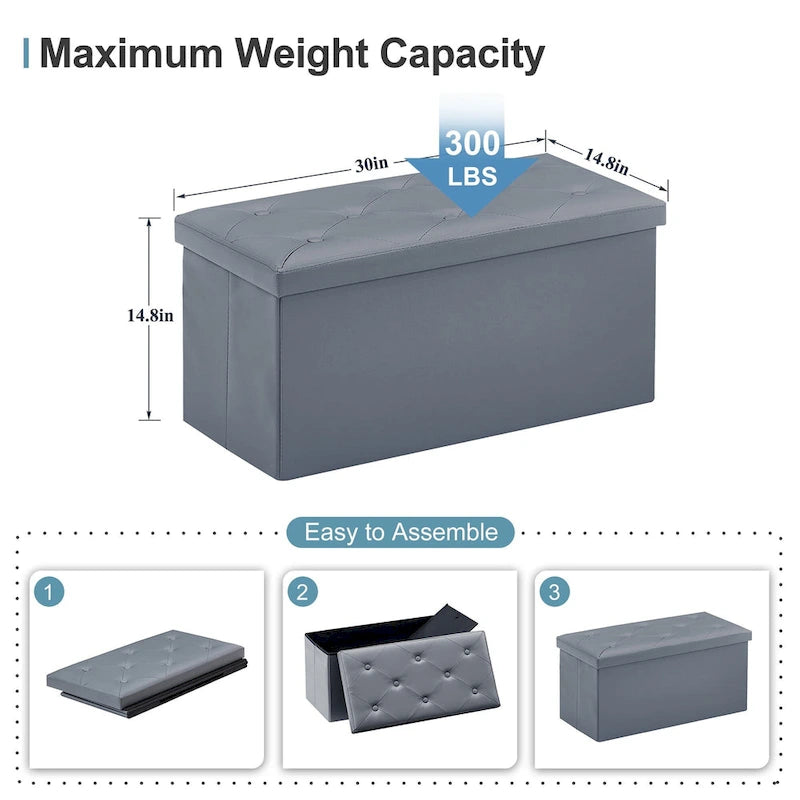 Folding Storage Ottoman with Leather Tufted Lid – Foot Stool for Living Room, Bedroom & Dorm