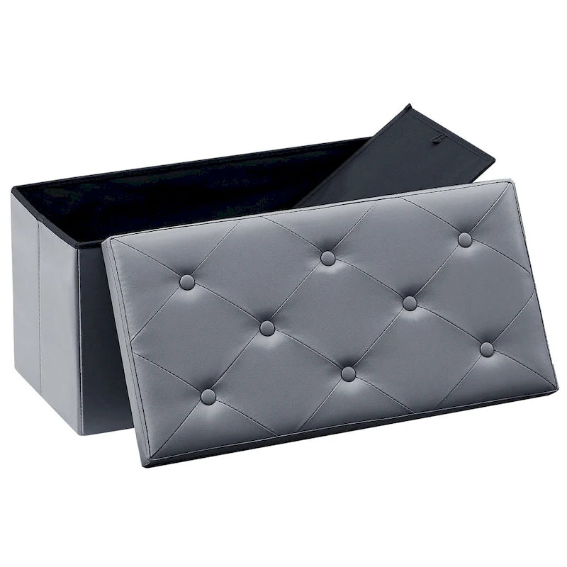 Folding Storage Ottoman with Leather Tufted Lid – Foot Stool for Living Room, Bedroom & Dorm