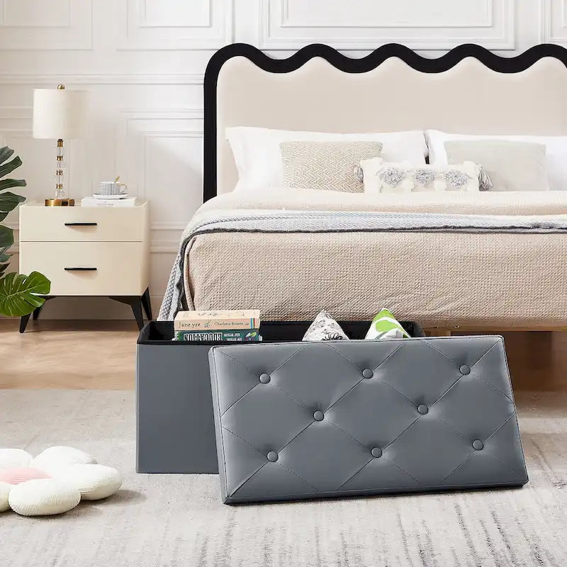 Folding Storage Ottoman with Leather Tufted Lid – Foot Stool for Living Room, Bedroom & Dorm