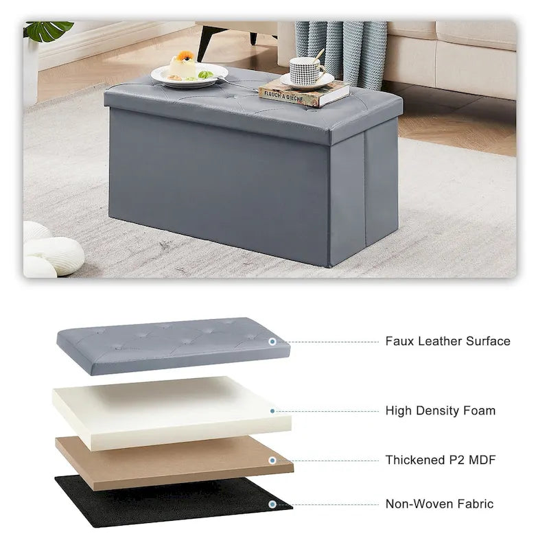 Folding Storage Ottoman with Leather Tufted Lid – Foot Stool for Living Room, Bedroom & Dorm