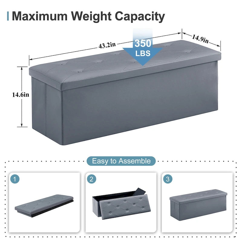 Folding Storage Ottoman with Leather Tufted Lid – Foot Stool for Living Room, Bedroom & Dorm