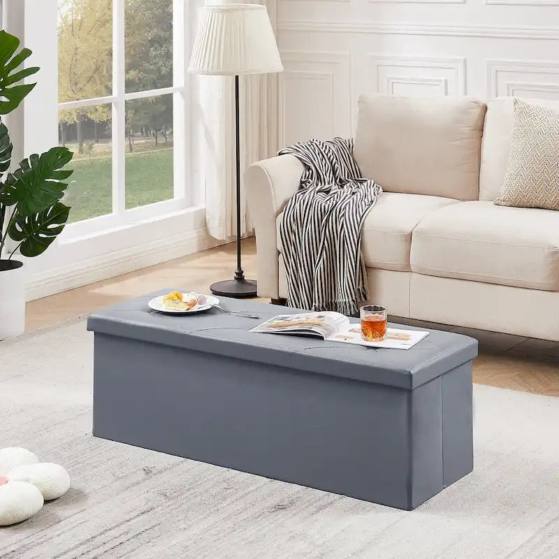 Folding Storage Ottoman with Leather Tufted Lid – Foot Stool for Living Room, Bedroom & Dorm