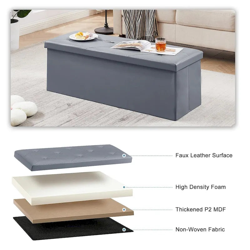 Folding Storage Ottoman with Leather Tufted Lid – Foot Stool for Living Room, Bedroom & Dorm
