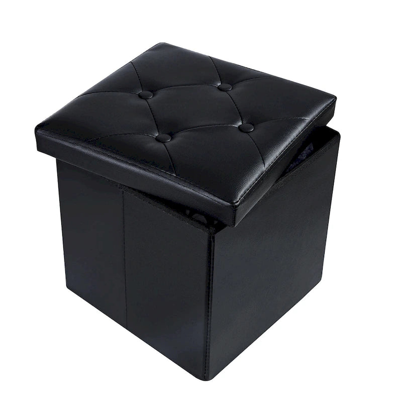 Folding Storage Ottoman with Leather Tufted Lid – Foot Stool for Living Room, Bedroom & Dorm