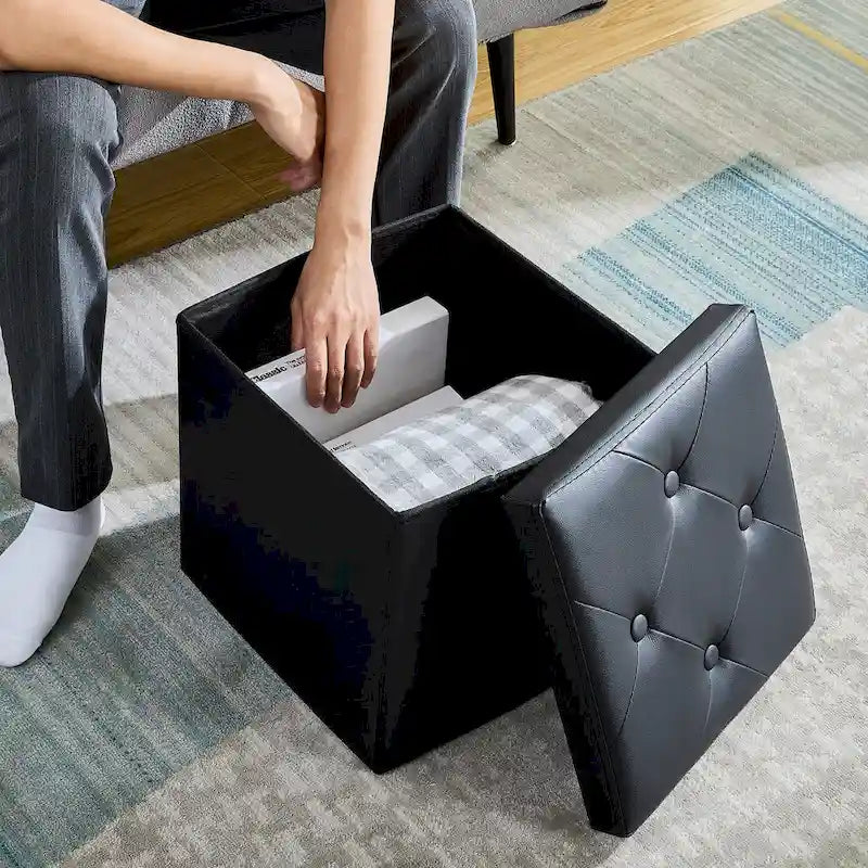 Folding Storage Ottoman with Leather Tufted Lid – Foot Stool for Living Room, Bedroom & Dorm