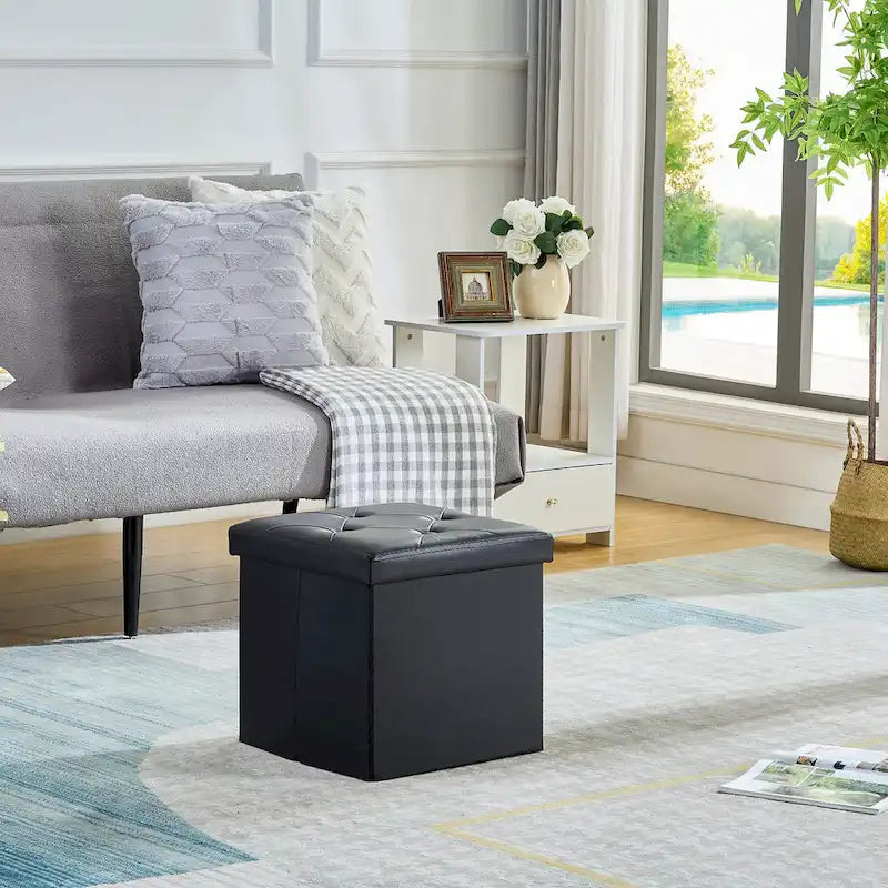 Folding Storage Ottoman with Leather Tufted Lid – Foot Stool for Living Room, Bedroom & Dorm