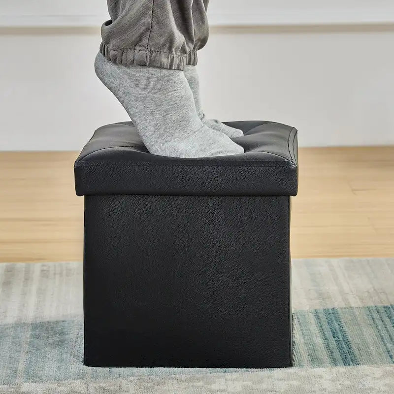 Folding Storage Ottoman with Leather Tufted Lid – Foot Stool for Living Room, Bedroom & Dorm