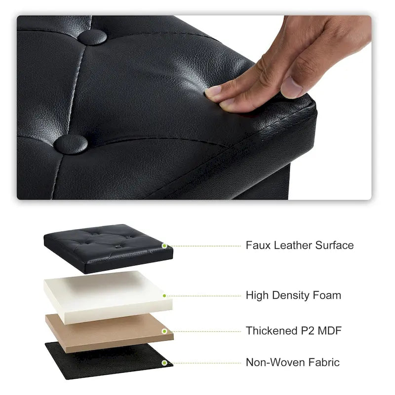 Folding Storage Ottoman with Leather Tufted Lid – Foot Stool for Living Room, Bedroom & Dorm