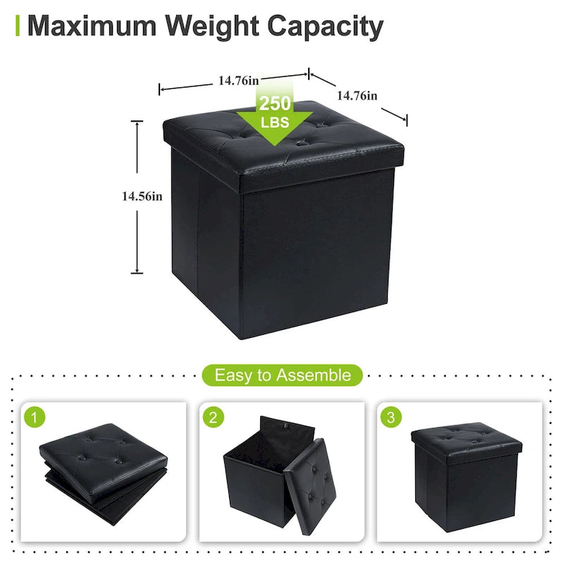 Folding Storage Ottoman with Leather Tufted Lid – Foot Stool for Living Room, Bedroom & Dorm
