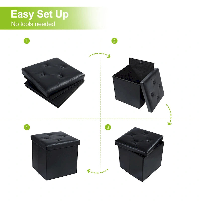 Folding Storage Ottoman with Leather Tufted Lid – Foot Stool for Living Room, Bedroom & Dorm