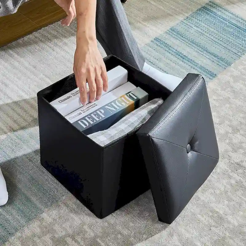 Folding Storage Ottoman with Leather Tufted Lid – Foot Stool for Living Room, Bedroom & Dorm