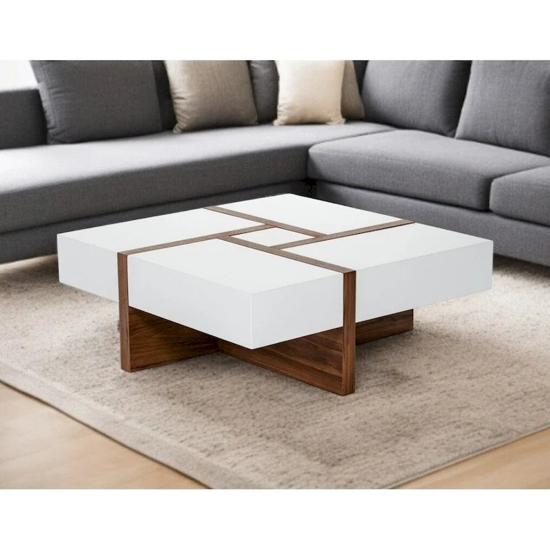 White and Walnut Square Coffee Table with Storage