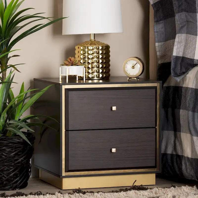 Transitional Wood/ Metal 2-Drawer Nightstand - Walnut/ Dark Brown