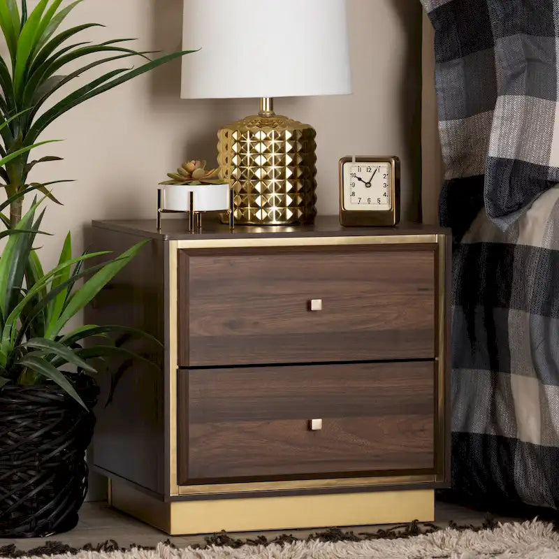 Transitional Wood/ Metal 2-Drawer Nightstand - Walnut/ Dark Brown