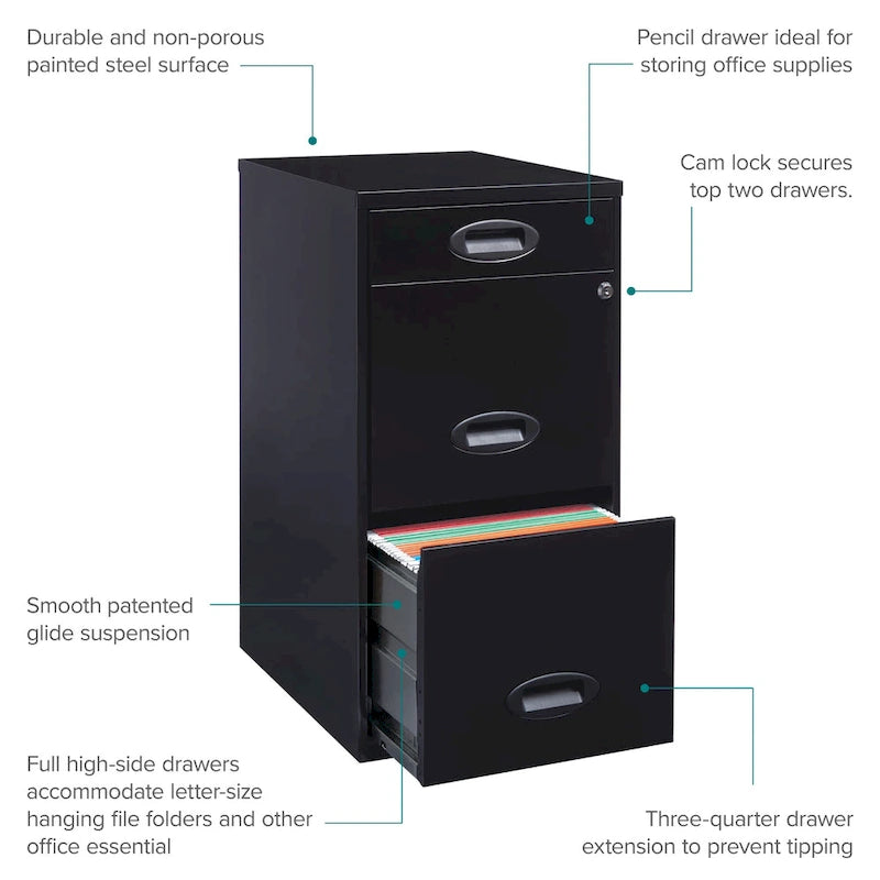 3-Drawer Metal File Cabinet with Pencil Drawer, Black