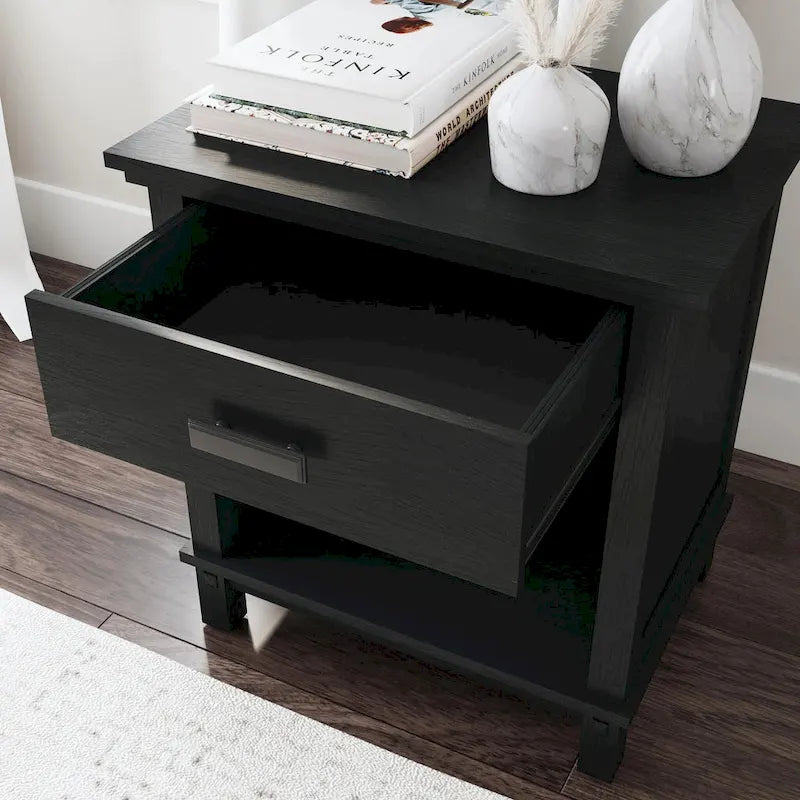 Black Wood Nightstand with Drawer