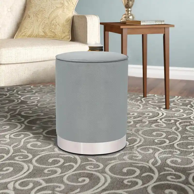 Upholstered Round Velvet Ottoman Footstool with Silver Trim