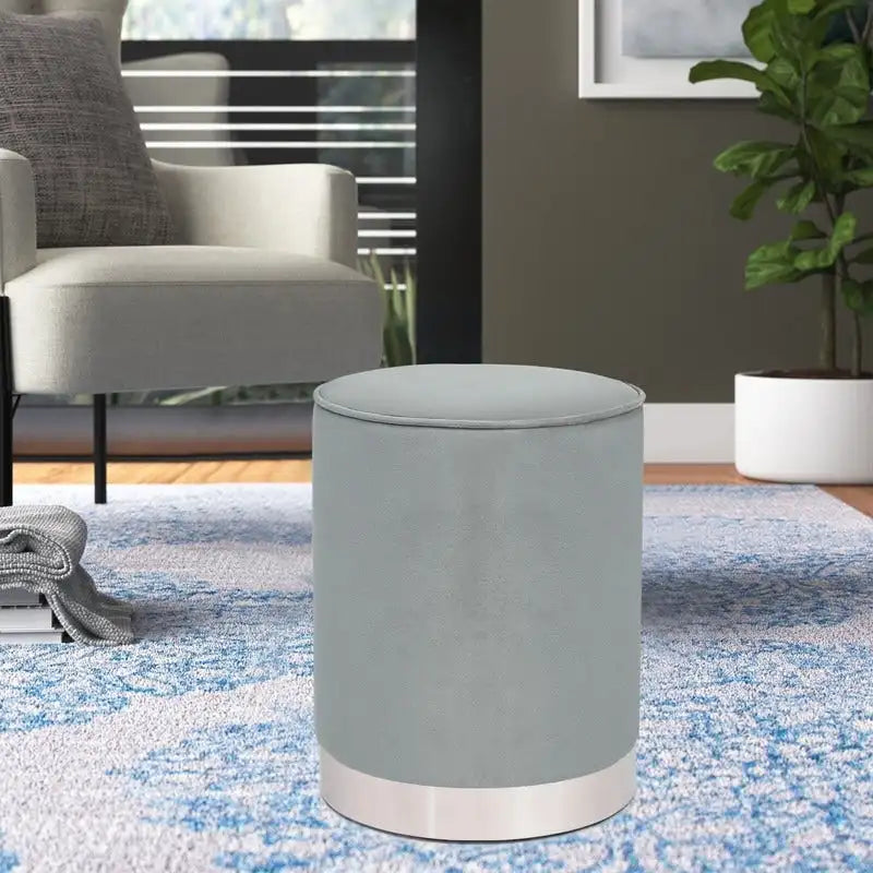 Upholstered Round Velvet Ottoman Footstool with Silver Trim