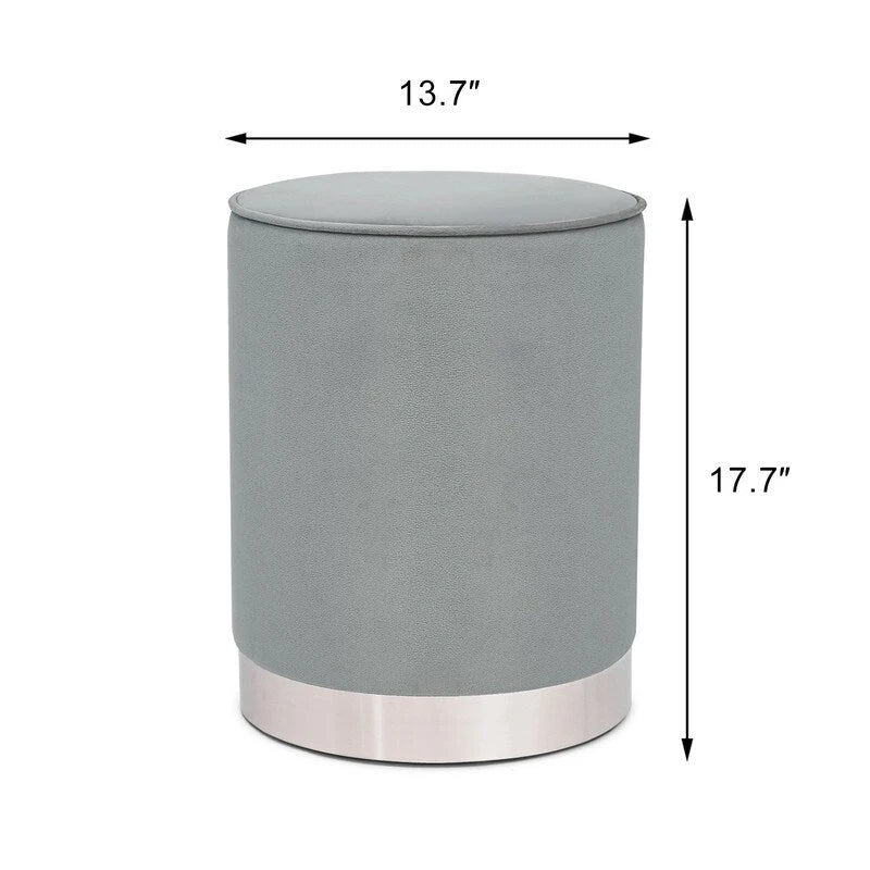 Upholstered Round Velvet Ottoman Footstool with Silver Trim